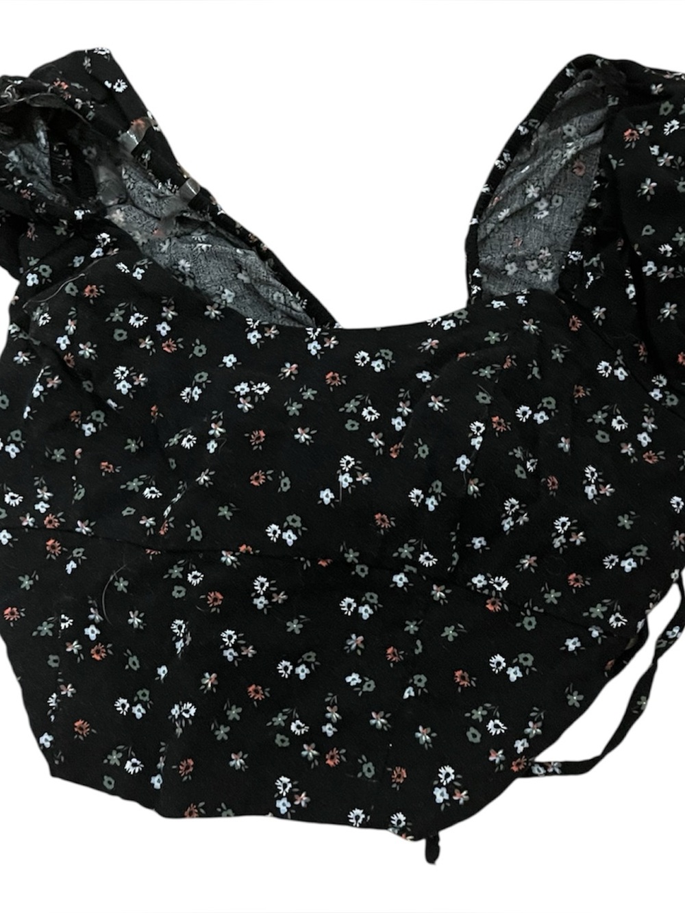 Aeropostale Black Floral Puff-Sleeve Crop Top